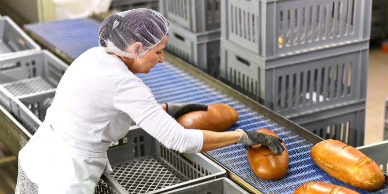 Uma mulher trabalhando em uma fábrica de pães. Imagem para ilustrar a matéria sobre ocupações industriais.